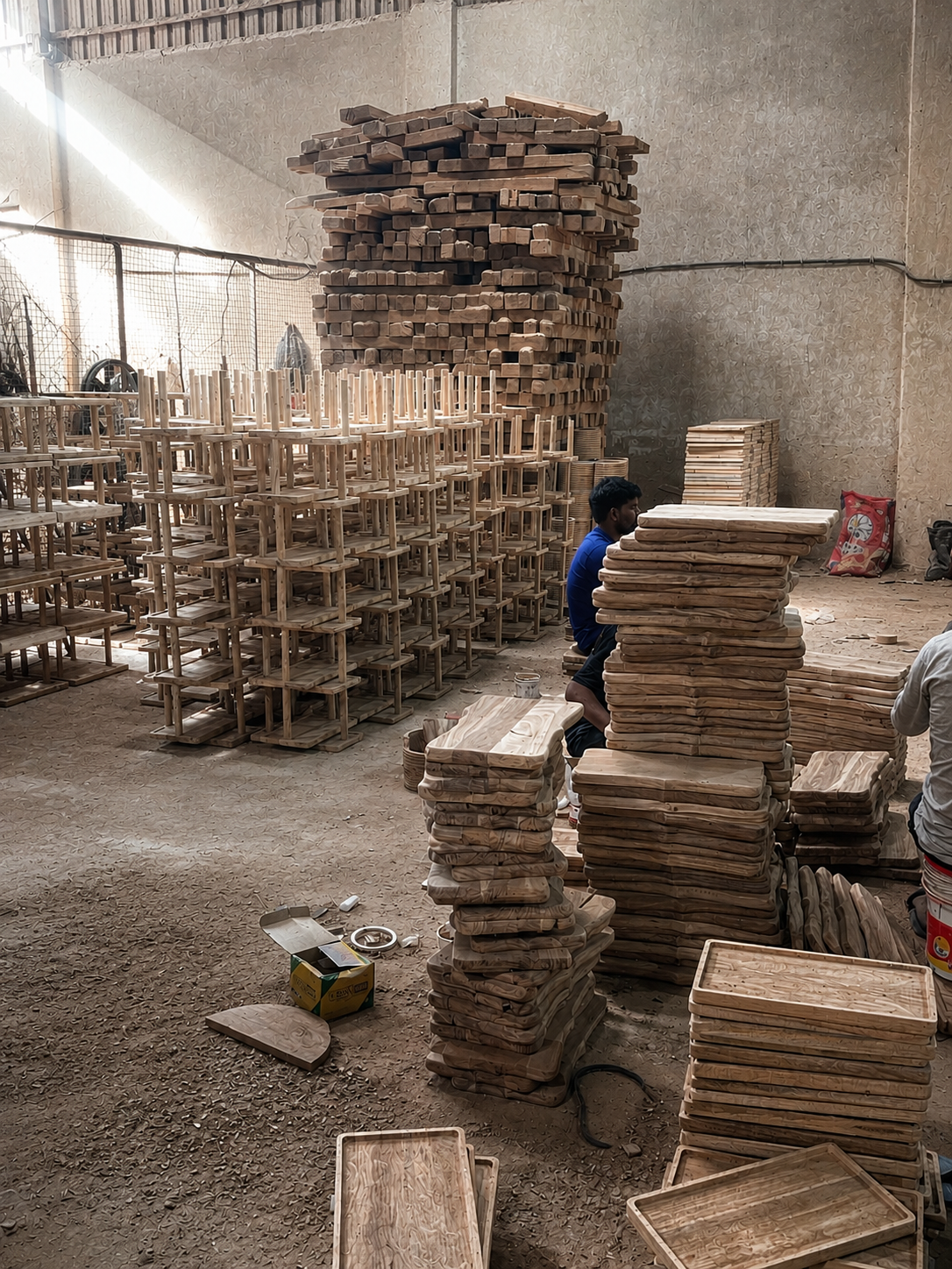 MM Decor drying and stacking area with unfinished wooden trays and stools