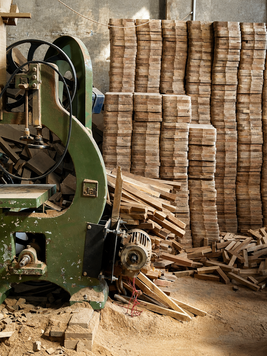 MM Decor woodworking machine beside stacked raw stock in the factory