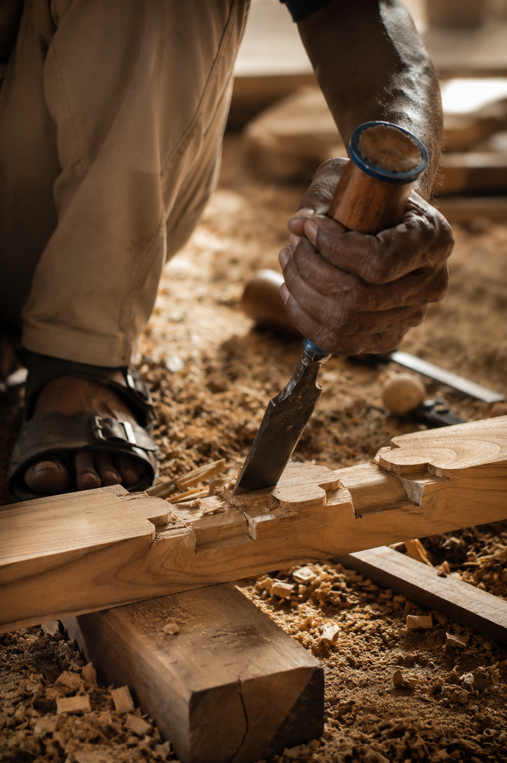 MM Decor artisan hand-carving a solid wood component
